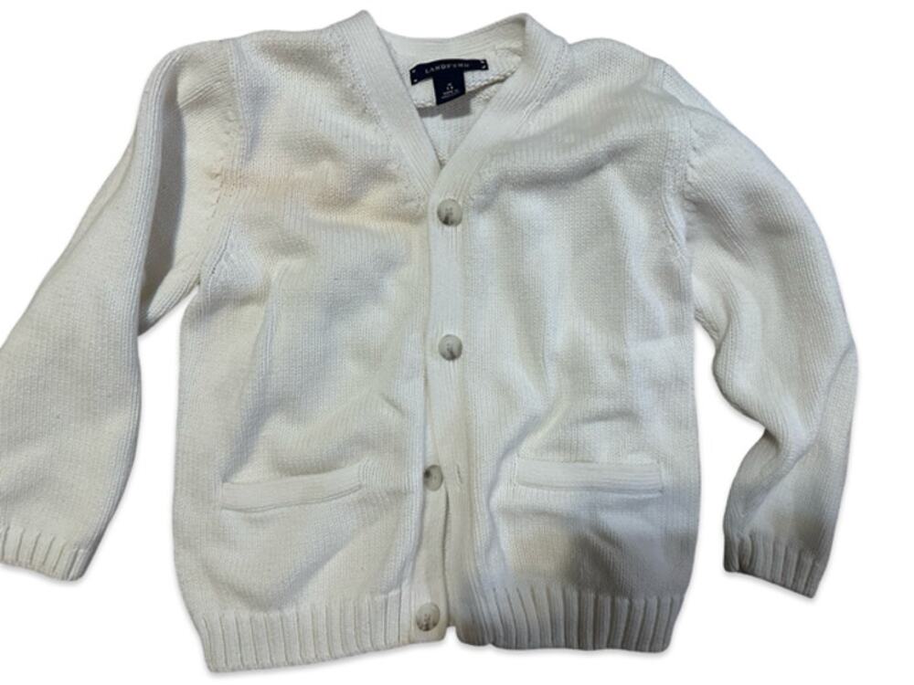 Lands’ End classic button-front cardigan sweater in Size M (5-6).